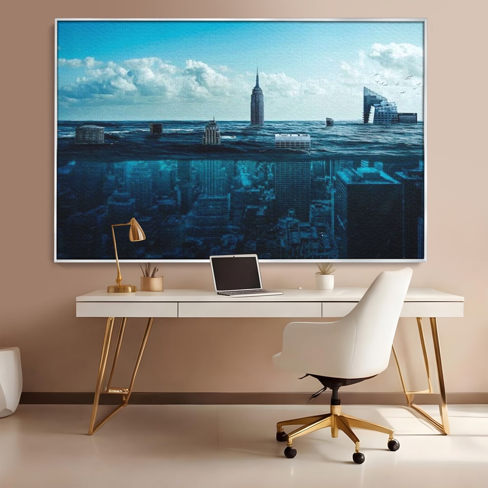 Tablou canvas cu ilustratie digitala cu oras scufundat in ocean, in rama de aluminiu argintiu, pe perete intr-un birou